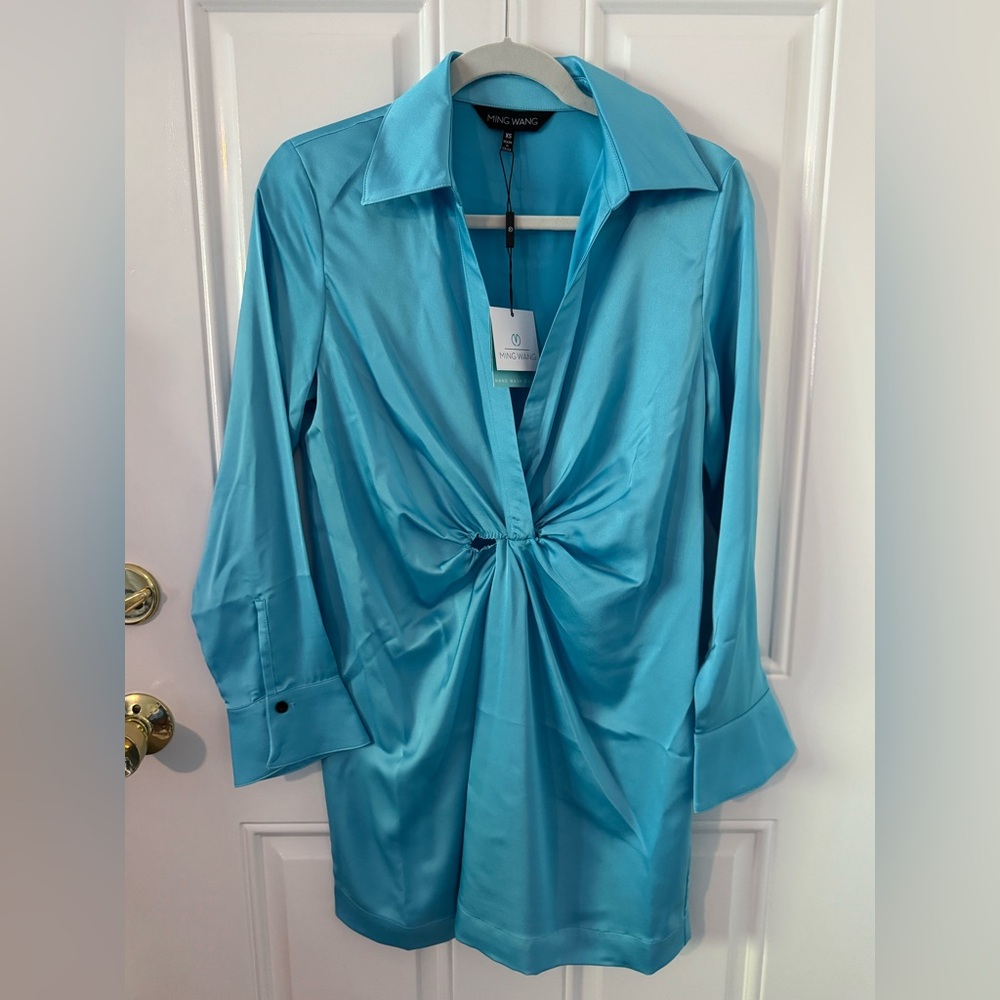 Ming Wang Women’s Aqua Blue Shirt Dress Twist Front Size XS NWT